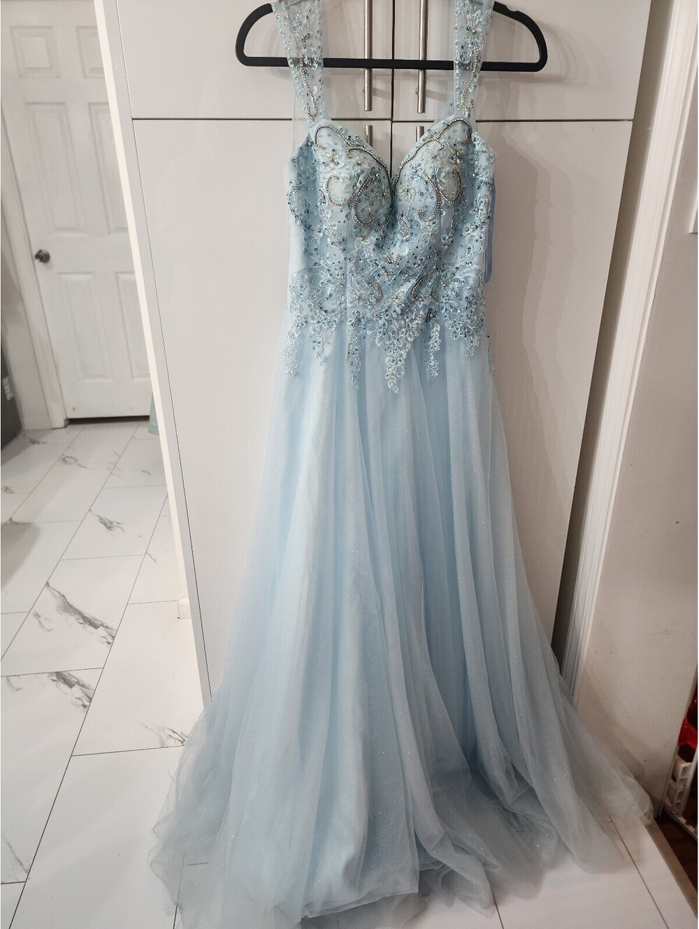Elegant Light Blue Beaded Tulle Evening Gown Dress